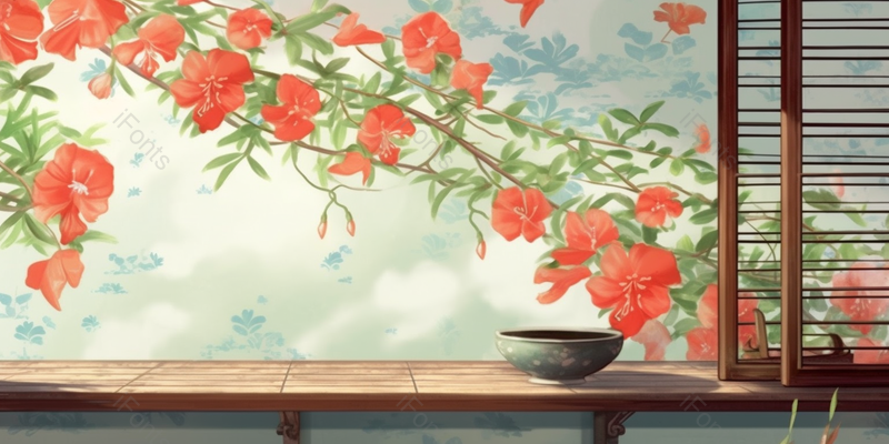 红色花卉中国风窗前倒影插画背景,插画/手绘图,插画/手绘图库,插画/手绘图下载,插画/手绘